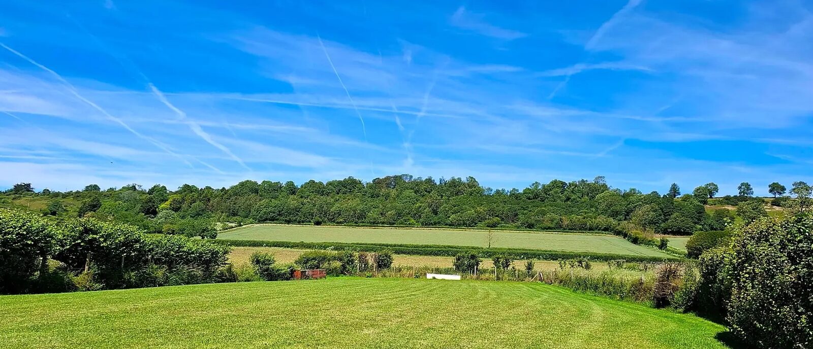 The view across the fields and hedgerows to the hills