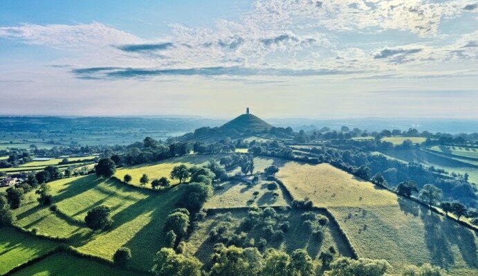 Glastonbury Tor rising over the Somerset Levels