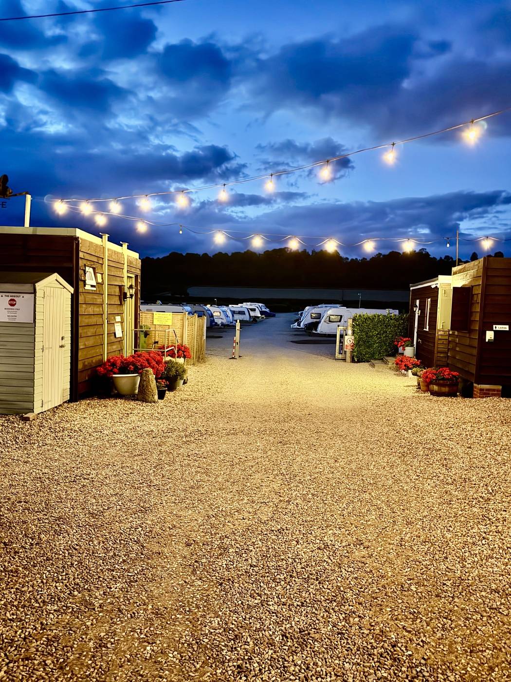Festoon lights over the gravel drive at dusk, with tourers lined up beyond